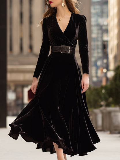 VOS LEE Belted Velvet Flare Midi Dress In Espresso Black