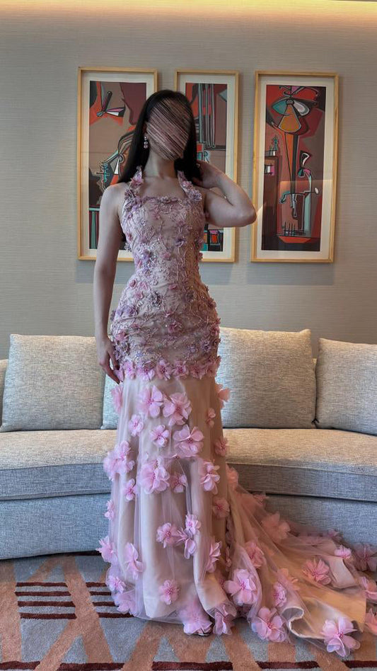 Exquisite Halter Sleeveless Backless Flowers Applique Mermaid Floor-Length Evening Dress