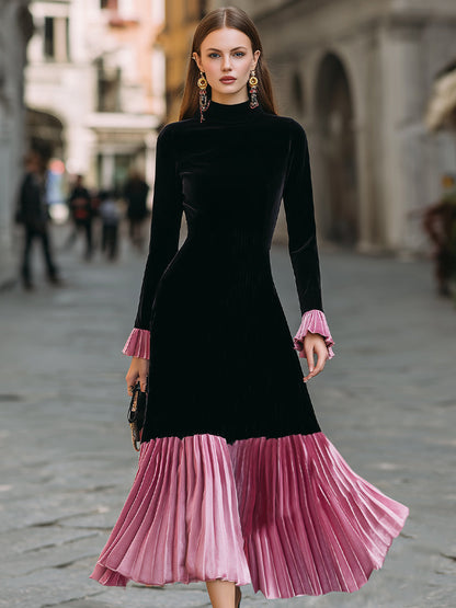 Elegant Black And Pink Velvet Pleated Midi Dress