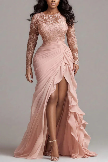 Formal Pink Round Neck Long Sleeve Split Elegant See Through Satin Maxi Dress