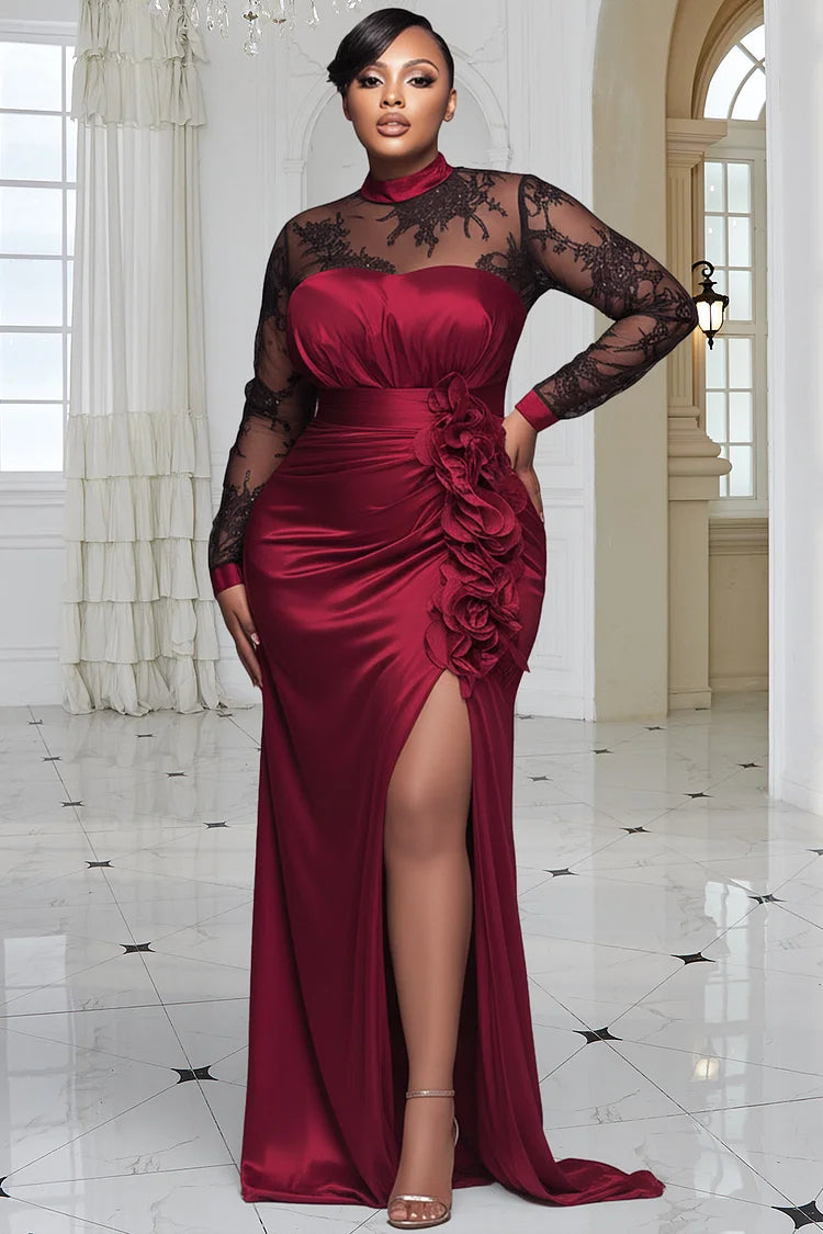 Formal Burgundy Mock Neck Long Sleeve 3D Elegant Split Satin Lace Maxi Dress