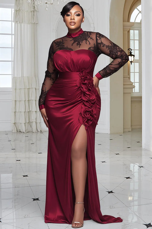 Formal Burgundy Mock Neck Long Sleeve 3D Elegant Split Satin Lace Maxi Dress
