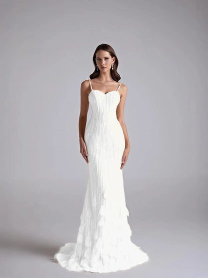 Spaghetti Straps Sleeveless Long Mermaid Prom Dress With Petals And Sequins