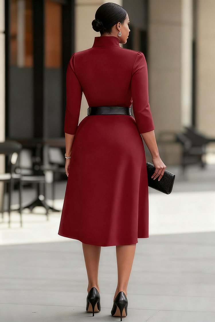 Casual Black Mock Neck 3/4 Sleeve Button Elegant Pocket Midi Dress
