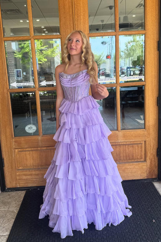 Gorgeous A Line Scoop Neck Lavender Tiered Chiffon Prom Dress