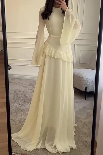 Round Neck Flare Sleeve Ruffled Solid Color Maxi Dresses