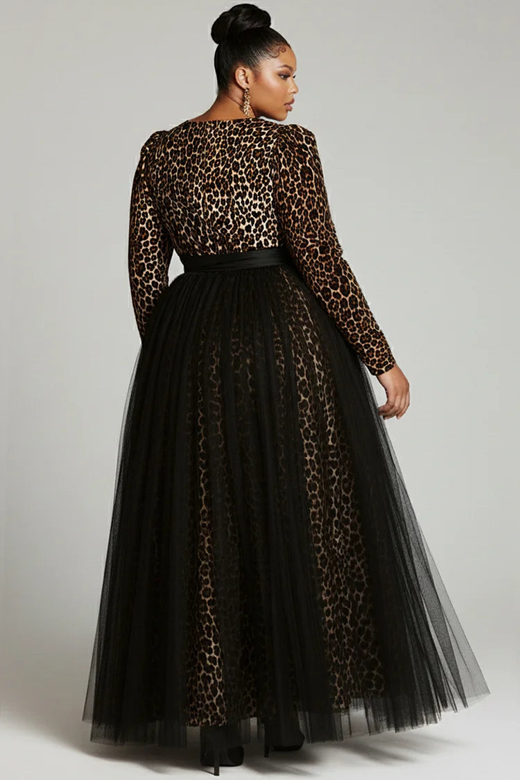 Black Leopard Round Neck Long Sleeve Contrast Elegant Tulle Maxi Dress