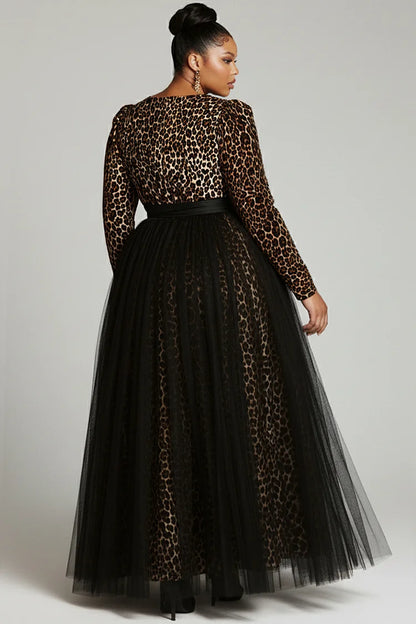 Black Leopard Round Neck Long Sleeve Contrast Elegant Tulle Maxi Dress