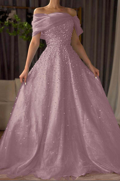 Off the Shoulder Sleeveless Long Prom Dress With Beading Tulle