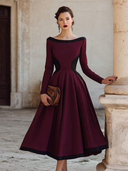 Burgundy Color-Block A-Line Dress With Black Accents