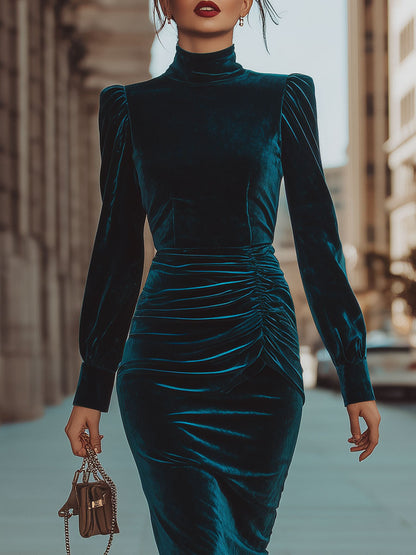 Opulent Teal Velvet Turtleneck Ruched Midi Dress
