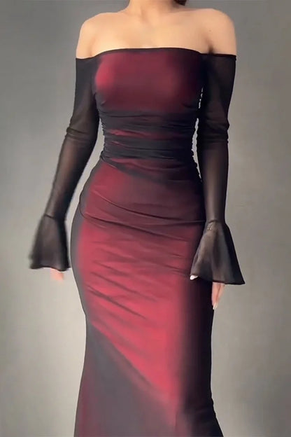 Gradient Flare Sleeve Off Shoulder Bodycon Maxi Dress