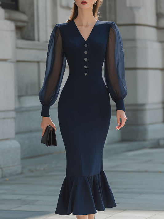 Chic & Classy: Button-Front Fitted Midi Dress With Flounce Hem