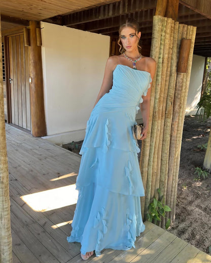 Chic Strapless Sleeveless Long Pleated Prom Dress With Ruffles
