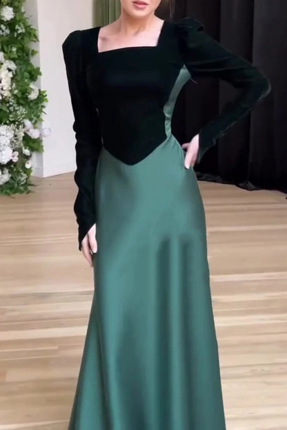 Color Matching Square Neck Patchwork Lace Up Maxi Dresses