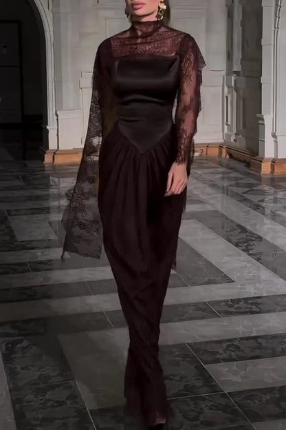 Lace Trim See Through High Neck Tied Slit Hem Maxi Dress