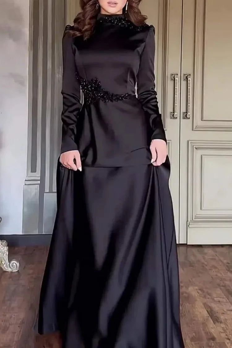 Mock Neck Long Sleeve Flower Patchwork Party Maxi Dress