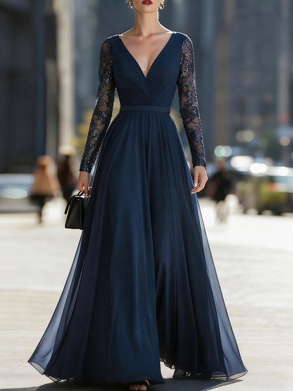Midnight Sparkle – Navy Sequin Mesh Sleeve Gown