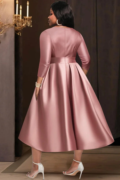Pink V Neck 3/4 Sleeve Pocket Satin Midi Dresses