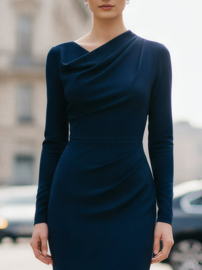 Navy Draped Midi Dress