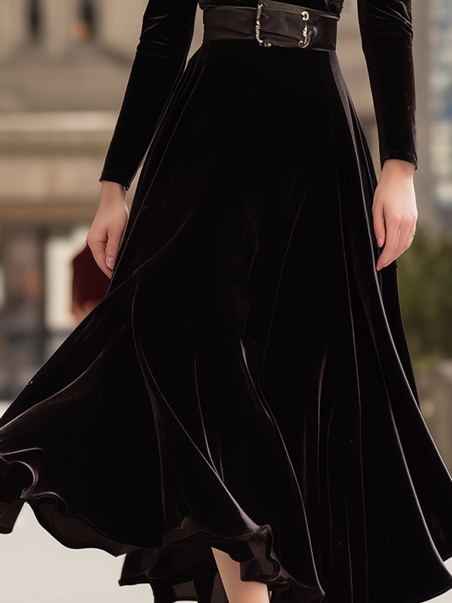 VOS LEE Belted Velvet Flare Midi Dress In Espresso Black