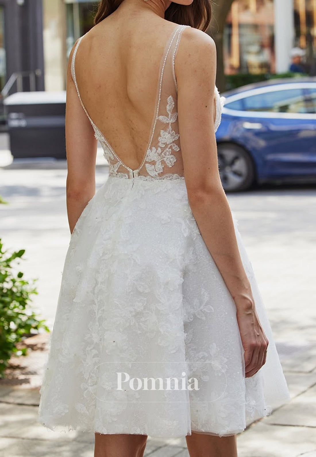Spaghetti Straps V-Neck Backless Appliques Short Wedding Dress