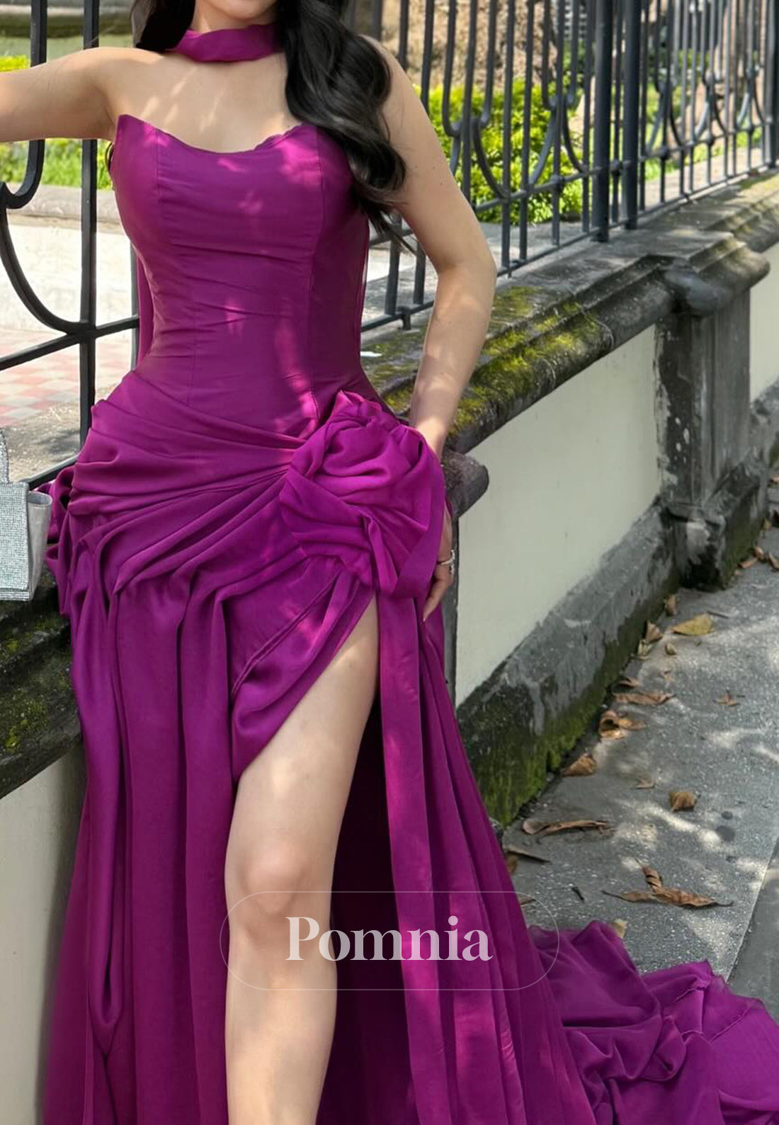 Orchid Sheath Slit Sleeveless Strapless Ruched Prom Dress