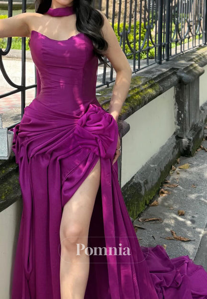 Orchid Sheath Slit Sleeveless Strapless Ruched Prom Dress