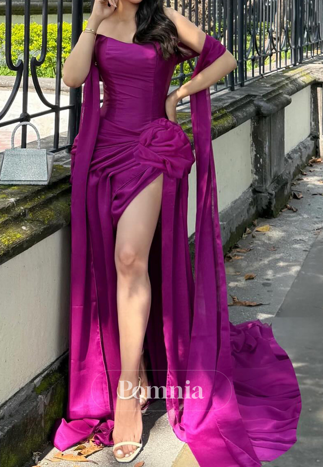 Orchid Sheath Slit Sleeveless Strapless Ruched Prom Dress