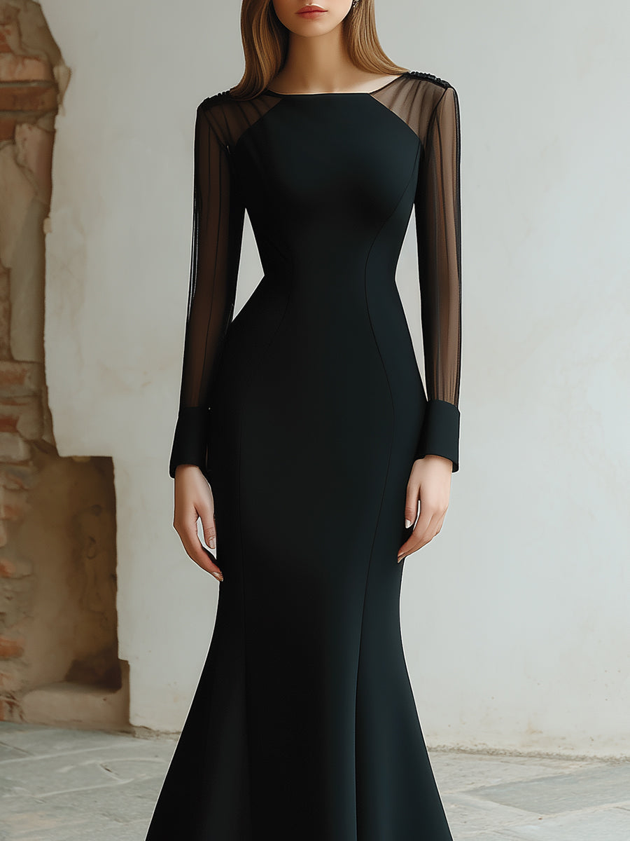 Black Mesh Sleeve Evening Gown