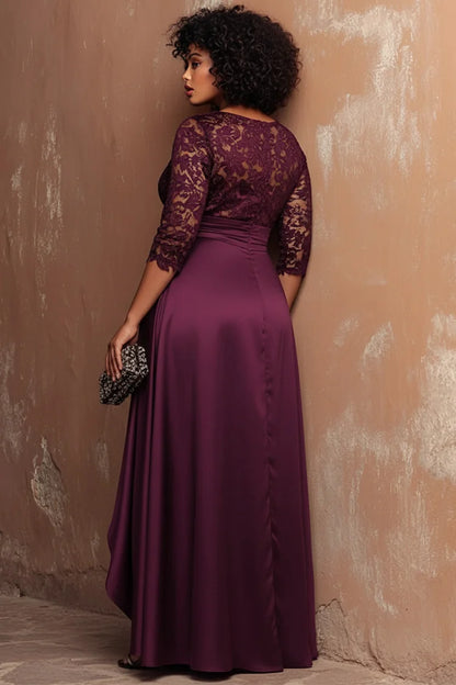 Formal Purple Round Neck Half Sleeve Split Elegant See Through Lace Satin Maxi Dress