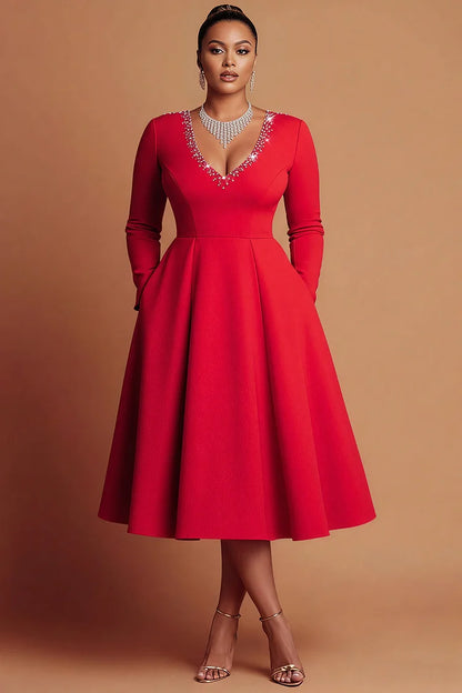 Cocktail Party Red V Neck Long Sleeve Pocket Elegant Drilling Midi Dress