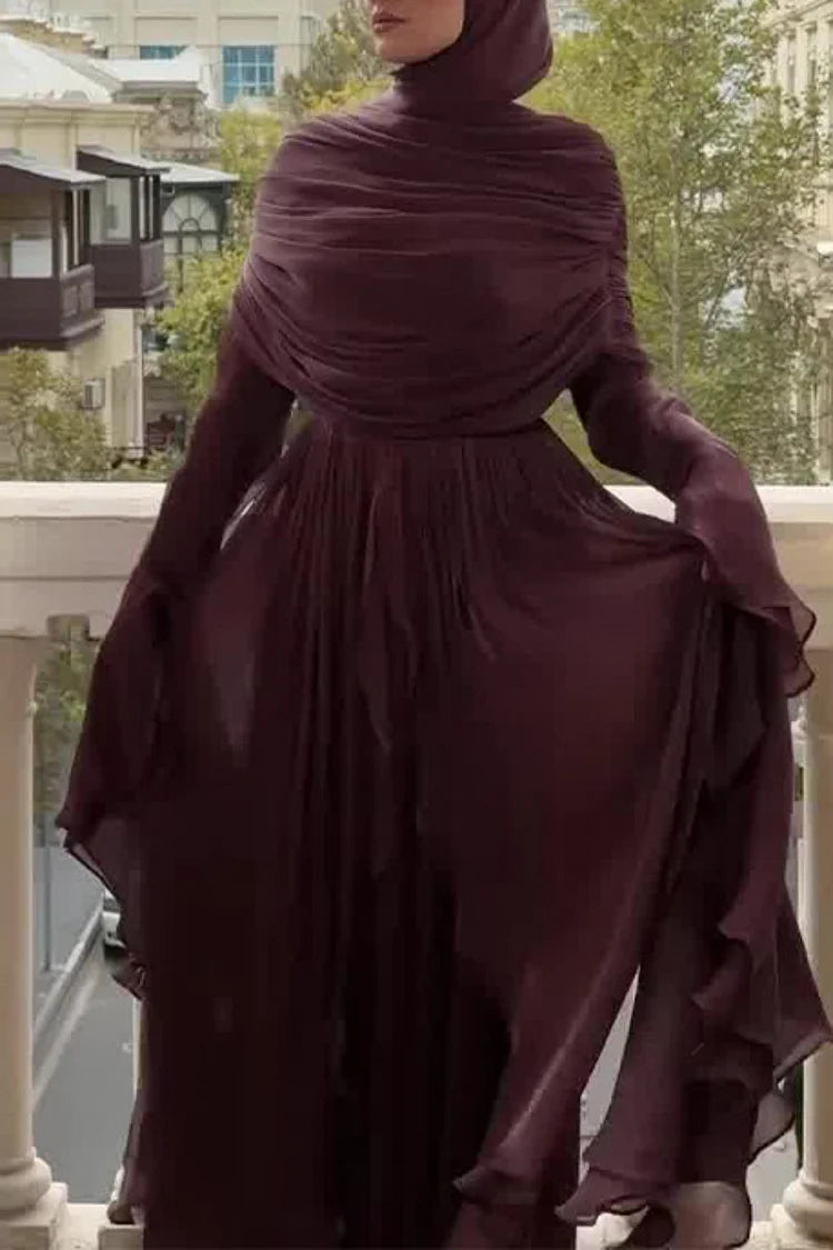 Draped Shoulder Pleated Slit Ruffled Trim Bell Sleeve Maxi Dress