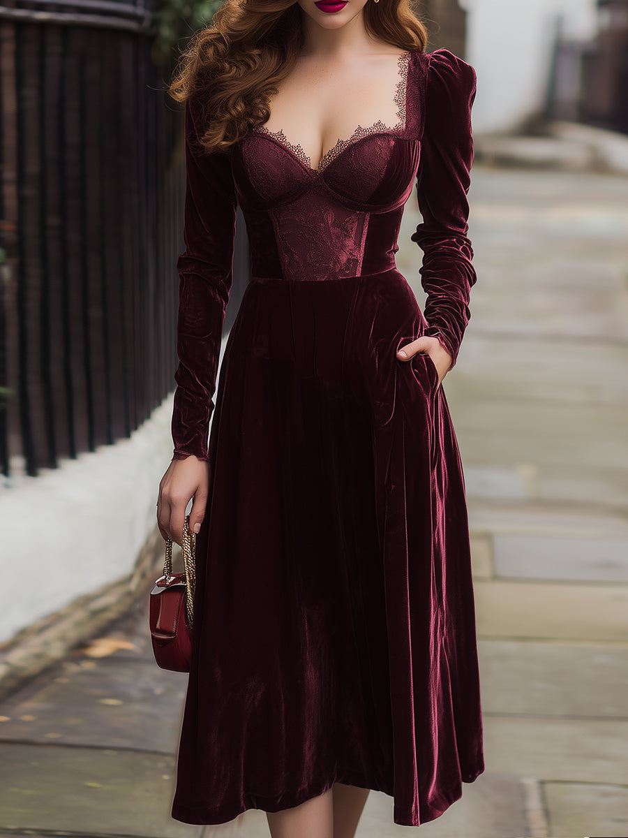 Burgundy Lace-Corset Velvet Midi Dress