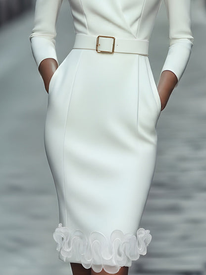 Ivory Belted Pencil Dress with Ruffle Hem