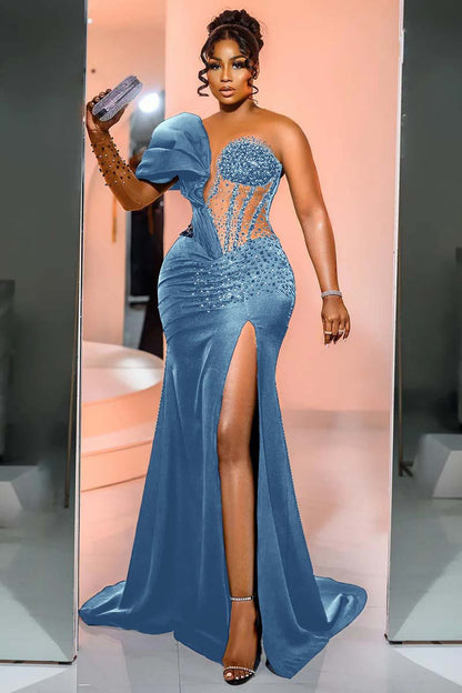 One Shoulder Long Sleeve Long Mermaid Prom Dress With Beading