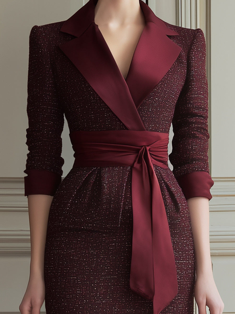 Burgundy Tailored Wrap Midi Dress With Satin Lapel And Waist Tie