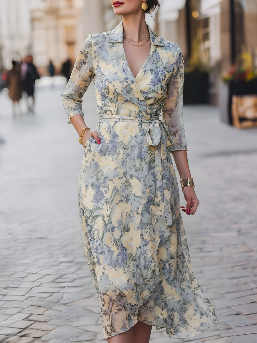 Floral Chiffon Wrap Midi Dress