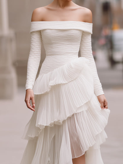 Off-Shoulder Pleated Layered White Gown