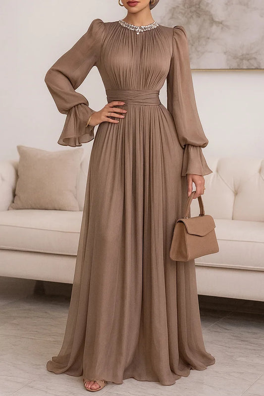 Diamond Decor Lantern Sleeve Cinch Waist Party Maxi Dresses