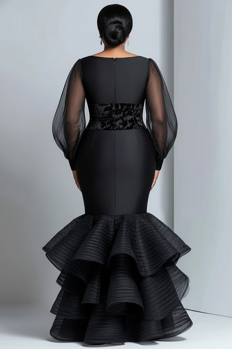 Formal Organza Black Round Neck Lantern Sleeve Long Sleeve Mermaid Elegant Maxi Dress