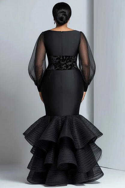 Formal Organza Black Round Neck Lantern Sleeve Long Sleeve Mermaid Elegant Maxi Dress