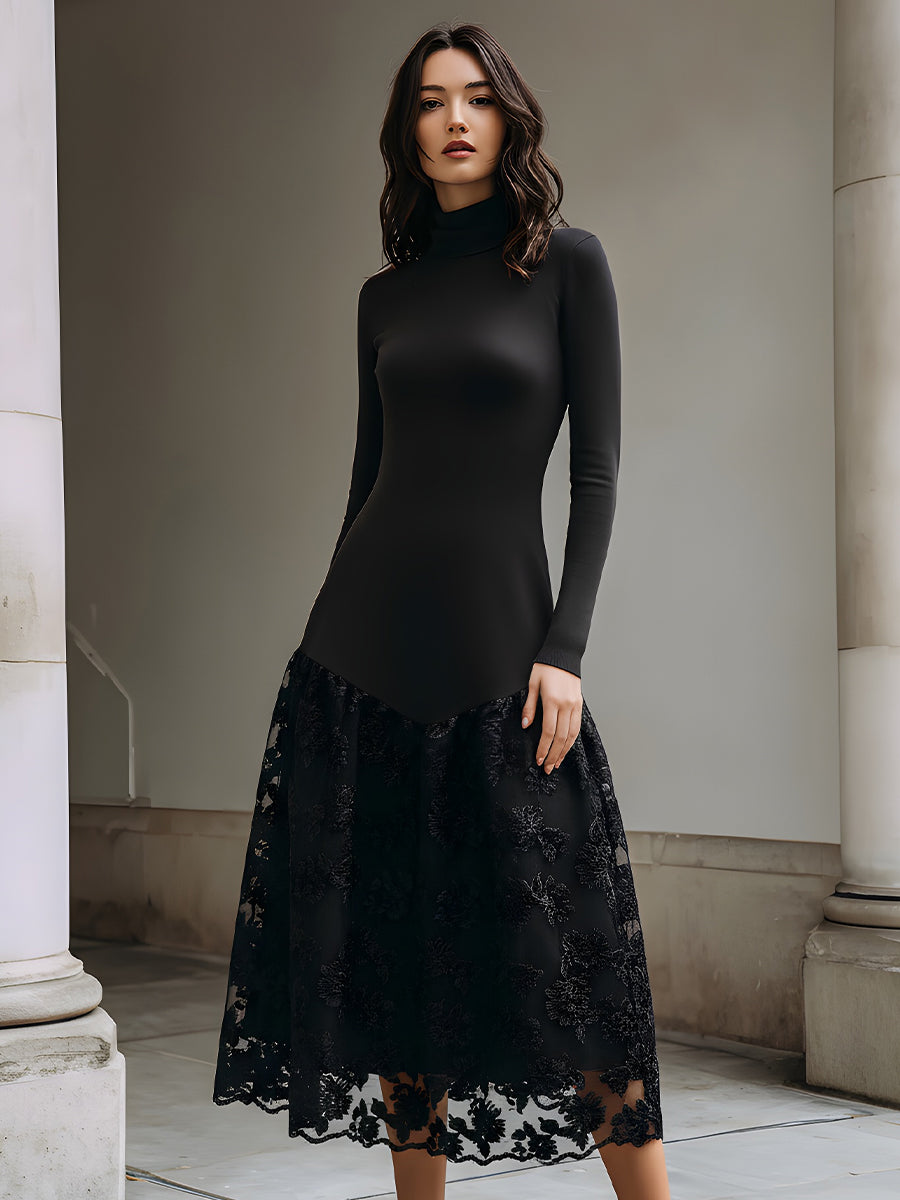 Black Knit And Lace Contrast Midi Dress