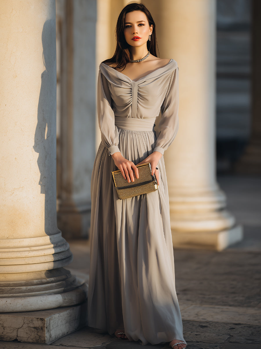 Off-Shoulder Draped Chiffon Evening Gown