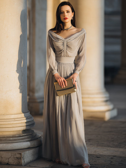 Off-Shoulder Draped Chiffon Evening Gown