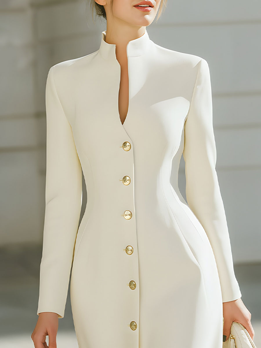 Ivory Tailored High-Neck Midi Coat Dress With Gold-Tone Buttons
