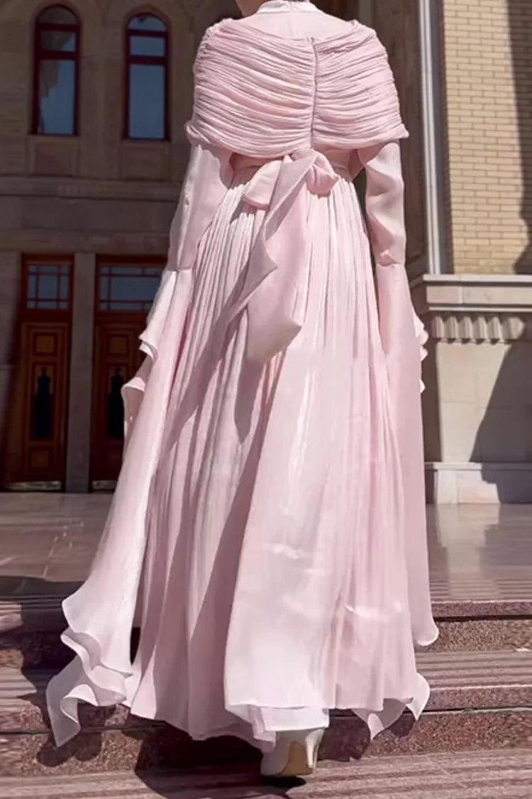 Draped Shoulder Pleated Slit Ruffled Trim Bell Sleeve Maxi Dress