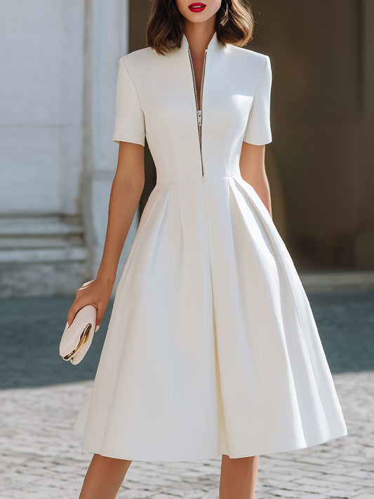 Elegant White Stand-Collar Midi Dress