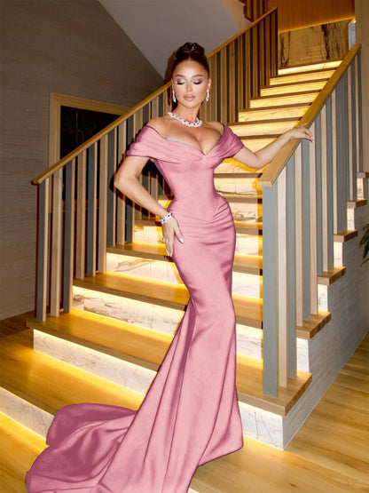 Off The Shoulder Sleeveless Long Mermaid Prom Dress With Pleated