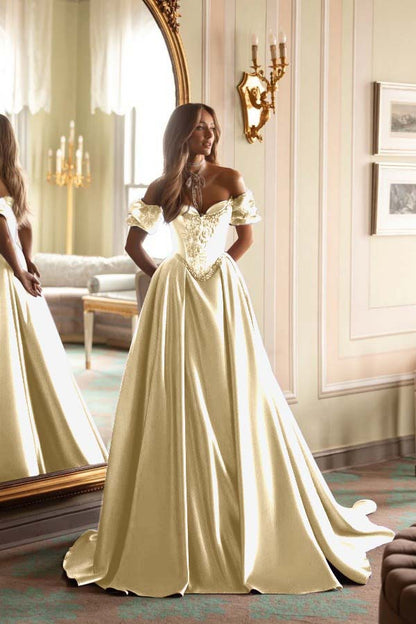 Short Sleeves Long A-Line Prom Dress With Embroidered And Pleated